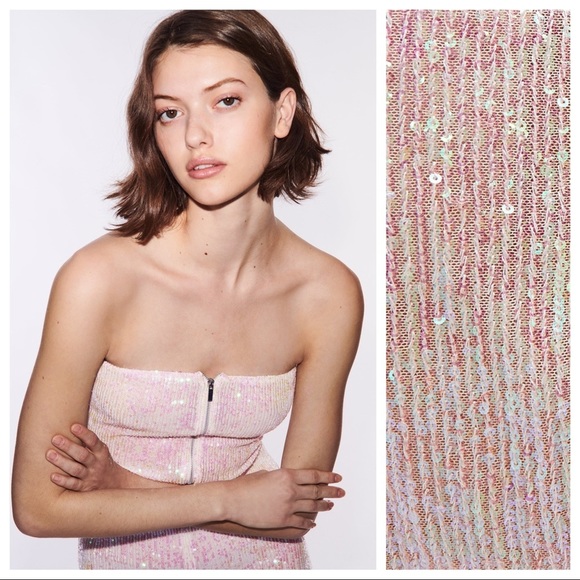 NWT. Zara Cream/Pink Sequinned Crop Top. Size M. - Picture 2 of 13